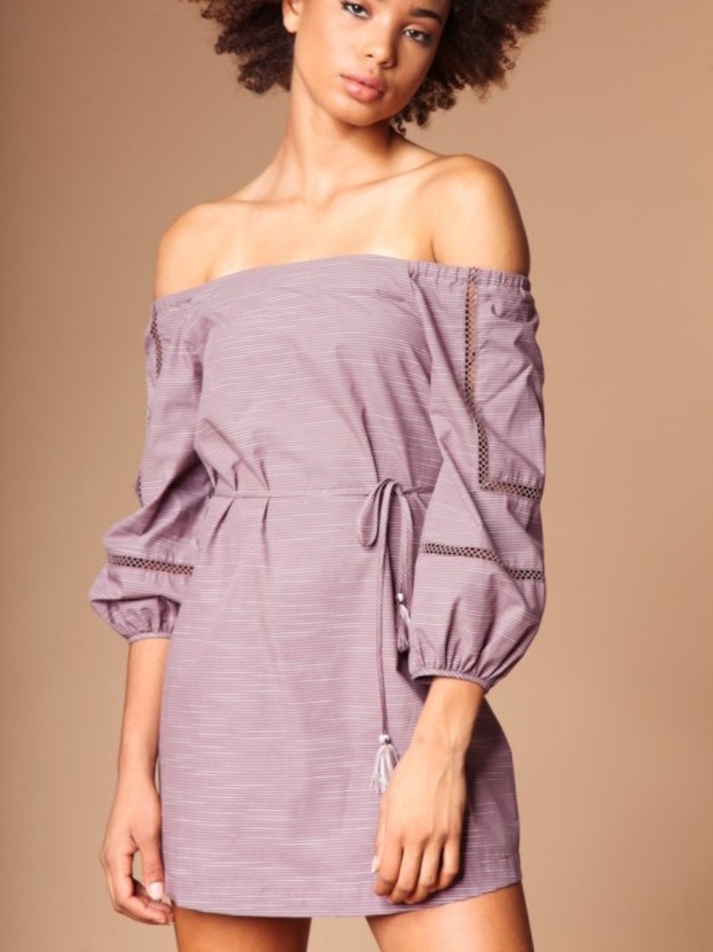 Off-the-Shoulder Lavender Stripe Dress with Tie Waist
